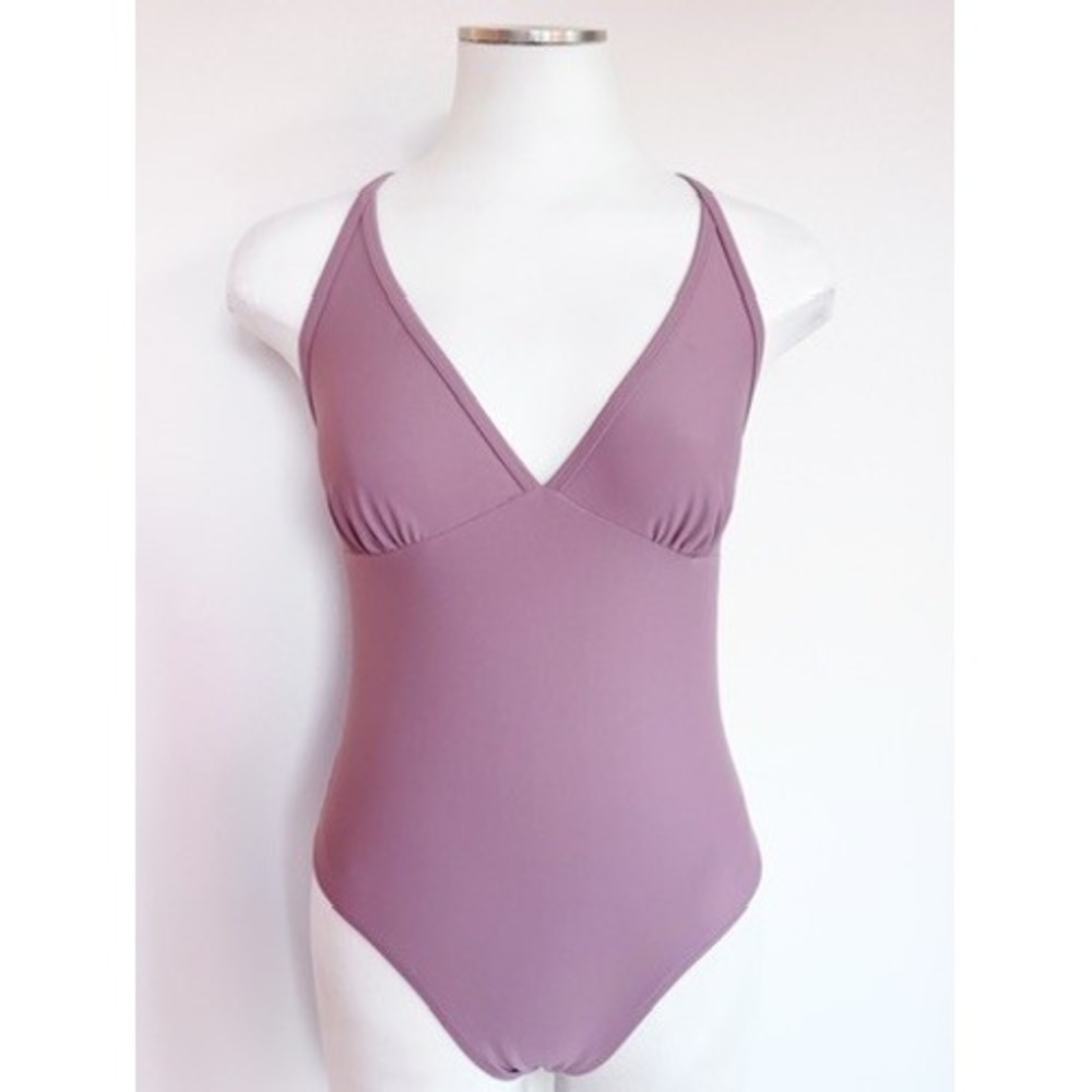 Dusty Lilac Purple V-Neck Strappy Criss Cross Back One Piece Swimsuit - Picture 2 of 2